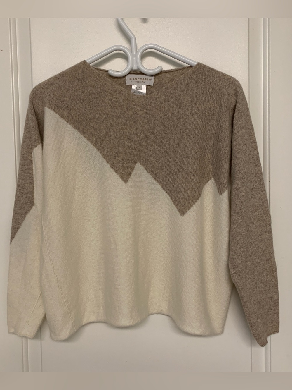 Bianco & Blu Merino Wool Cashmere Sweater M Made In Italy Beige Tan Asymmetrical